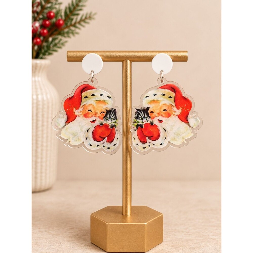 Plunder Jewelry Festive Santa Face Acrylic Drop Earrings in Red and White - NIP